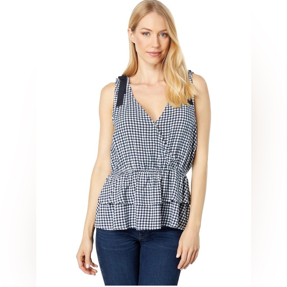 BOBEAU Navy and White Gingham Sleeveless Blouse